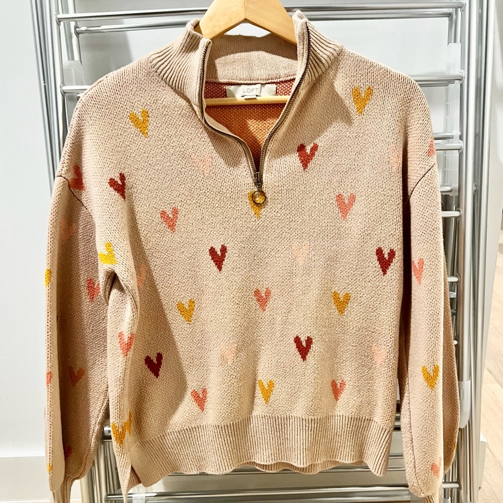 Loft Beige Heart Prints Half-Zipped Beige Sweater in Small